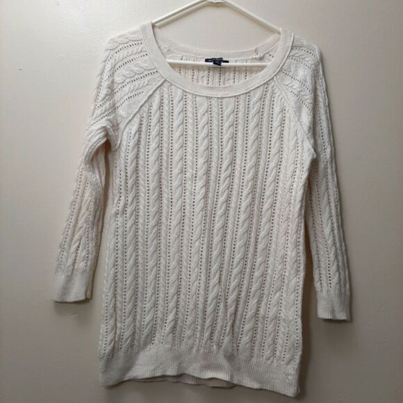 American Eagle Outfitters Off White Pointelle Knit Crew Neck Sweater Medium - Picture 1 of 10